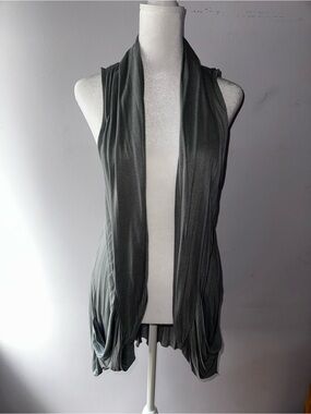 Decree Sleeveless Draped Open Front Vest in Gray Green
